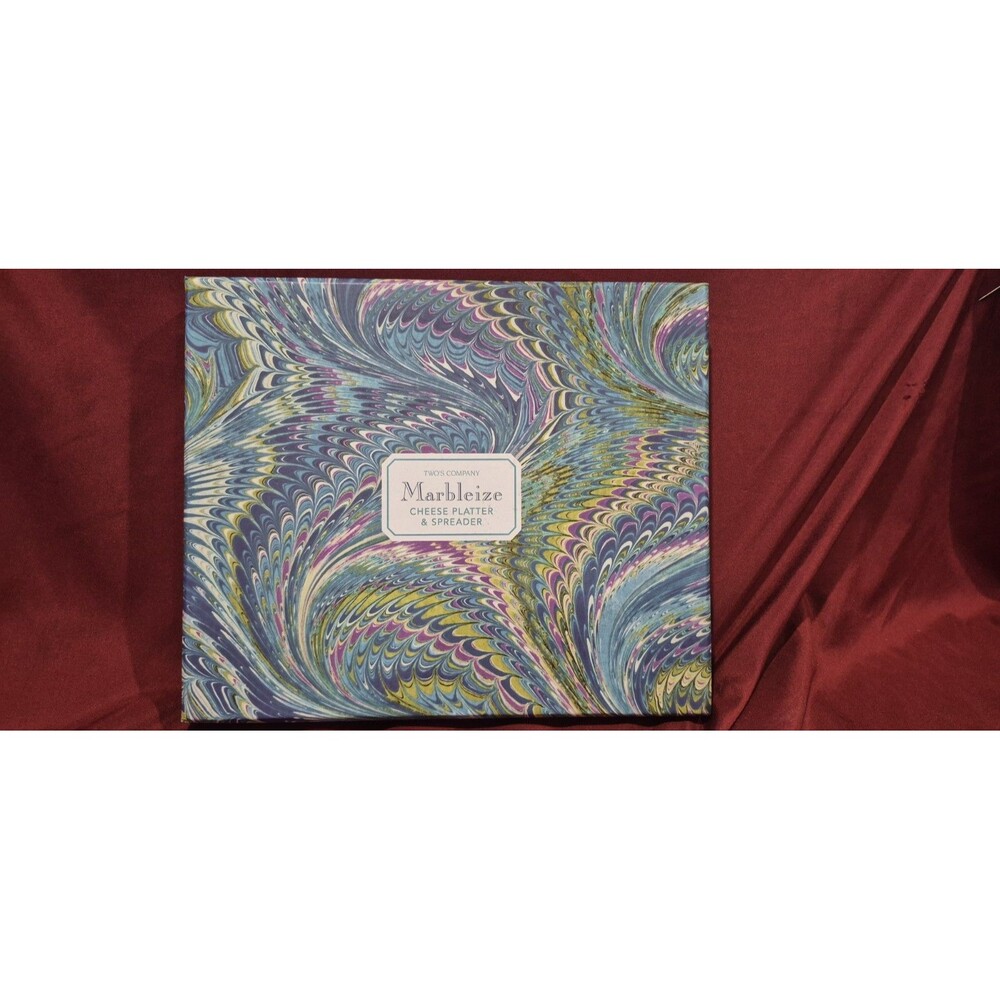 New Two's Company Marbleize Cheese Platter Spreader Peacock Pattern Tie Dye Blue